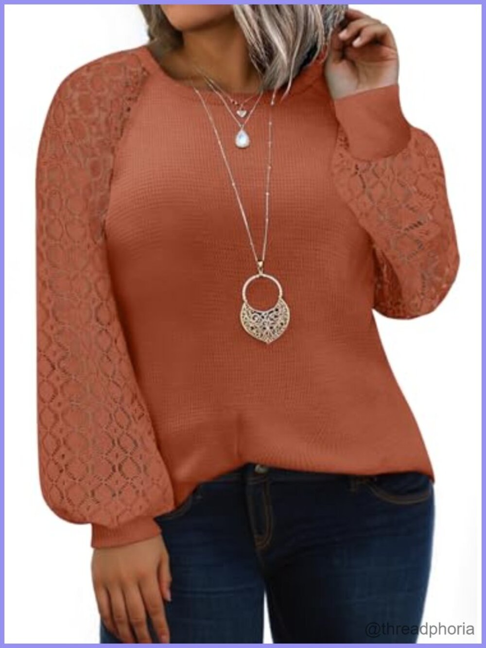 Plus Size Lace Long Sleeve Waffle Knit Top Crewneck Loose Shirt